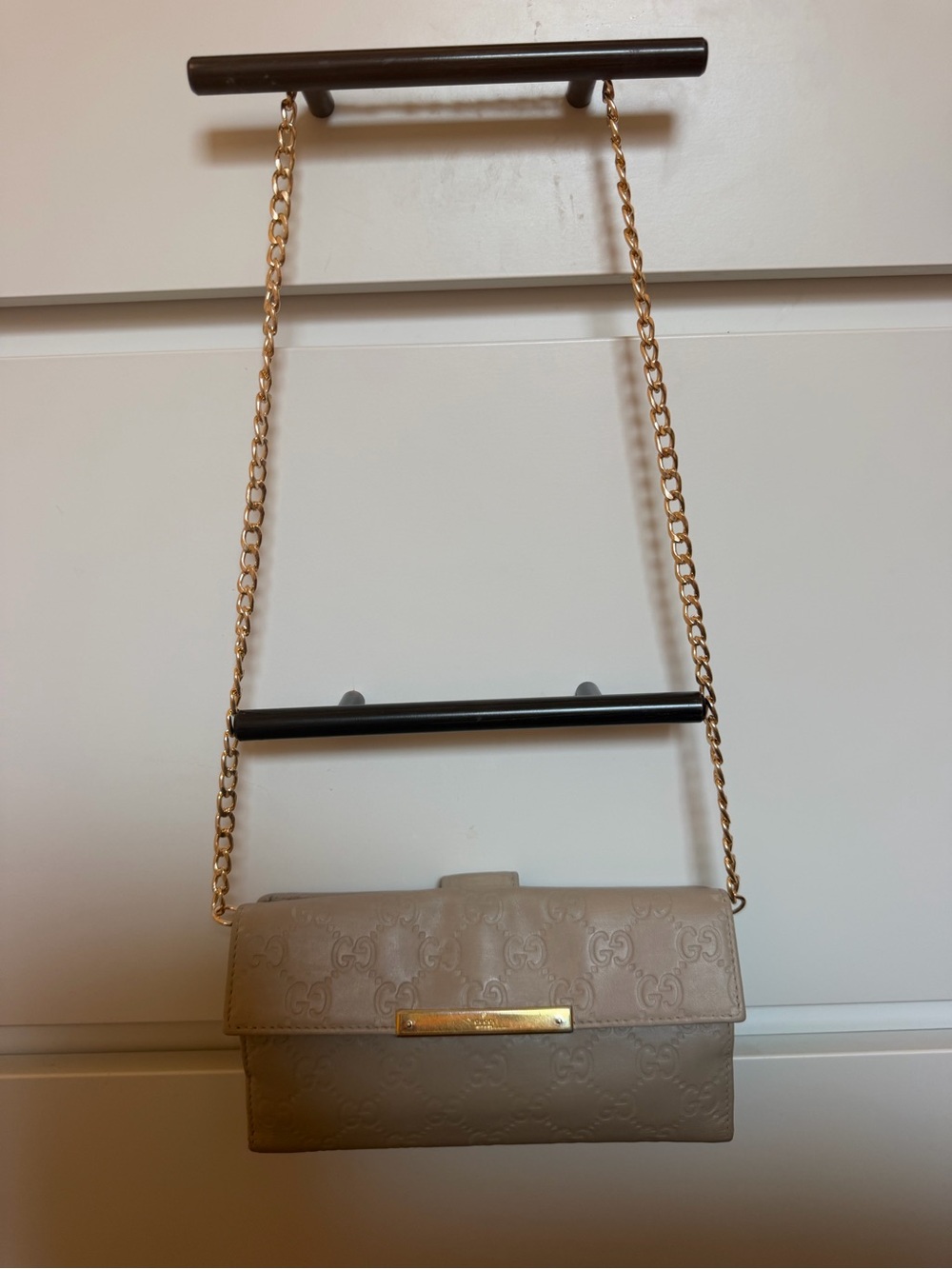 Gucci Beige Embossed GG Leather Crossbody with Gold Chain